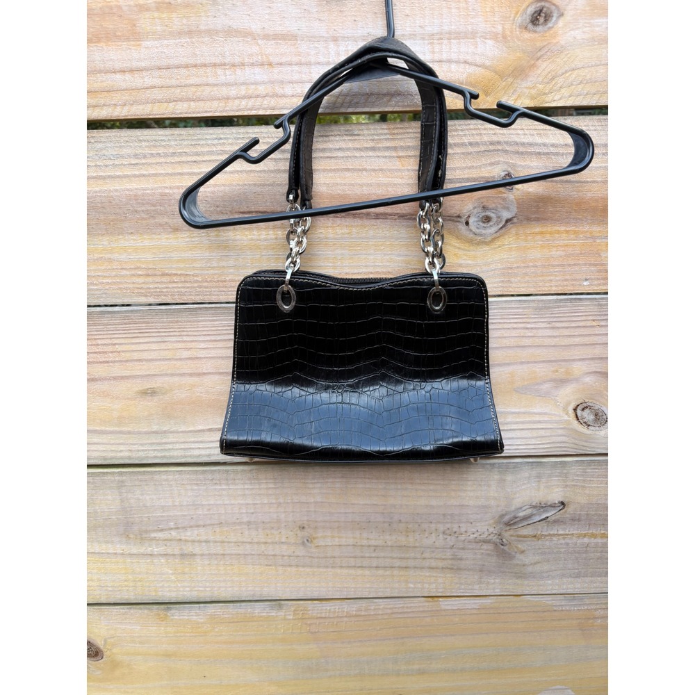 Black Croc Embossed Leather Shoulder Bag Chain Strap Triangle Logo - Picture 5 of 9